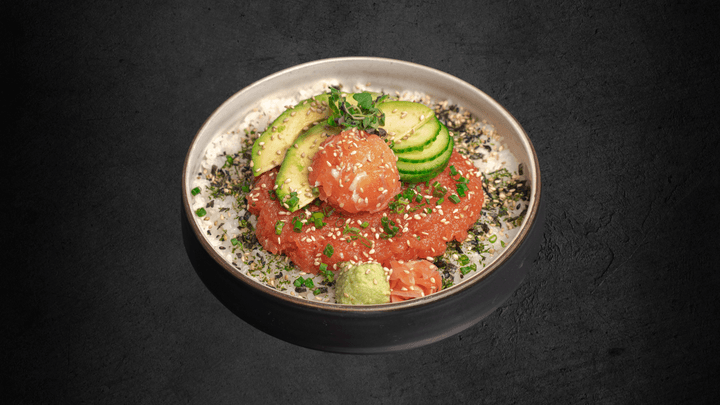 Spicy Tuna Salmon DonburiSpicy tuna with salmon sashimi, cuc